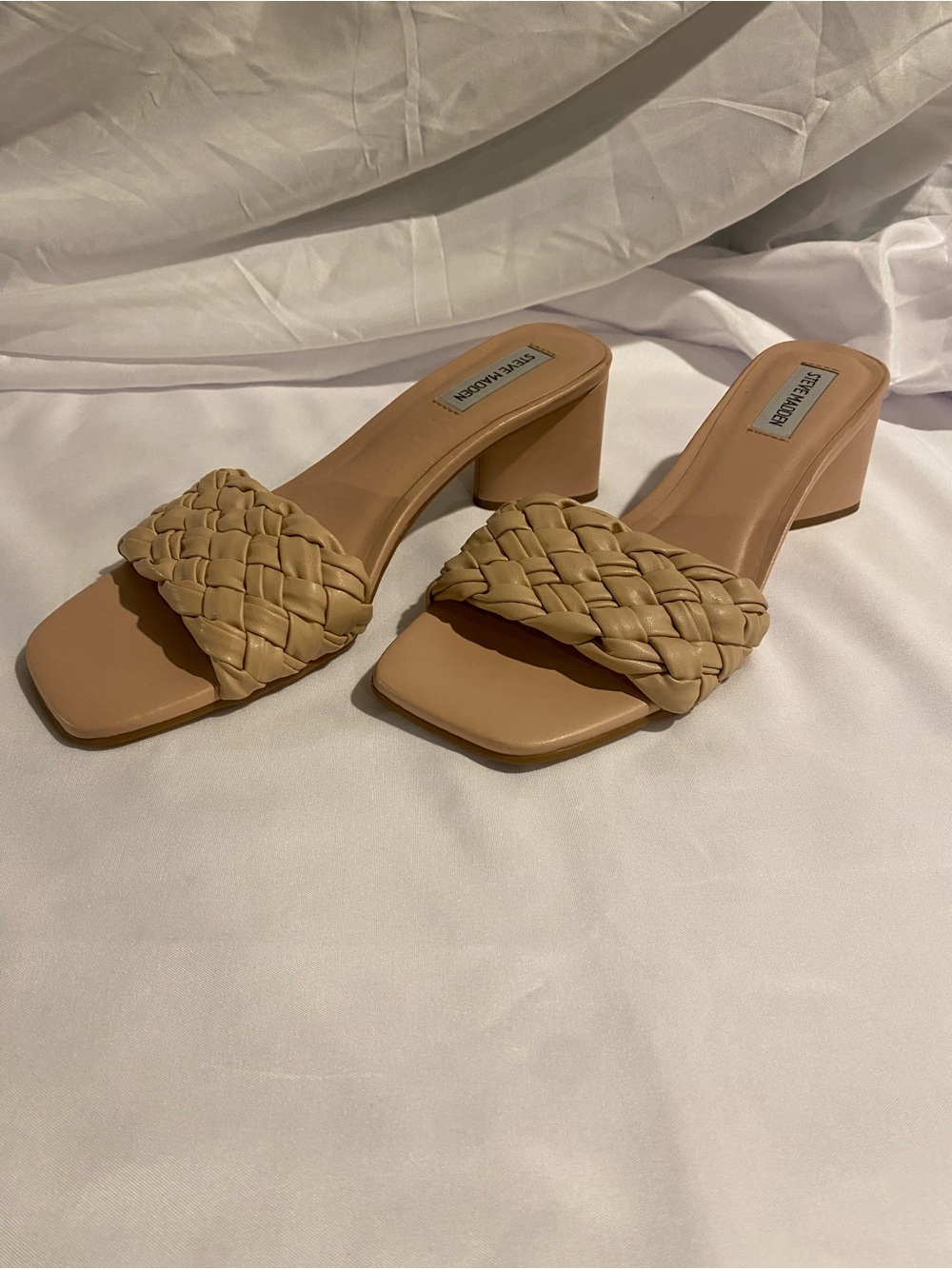 Steve Madden Braided Block Heel Mule Beige Synthetic Square Toe Women's 8.5